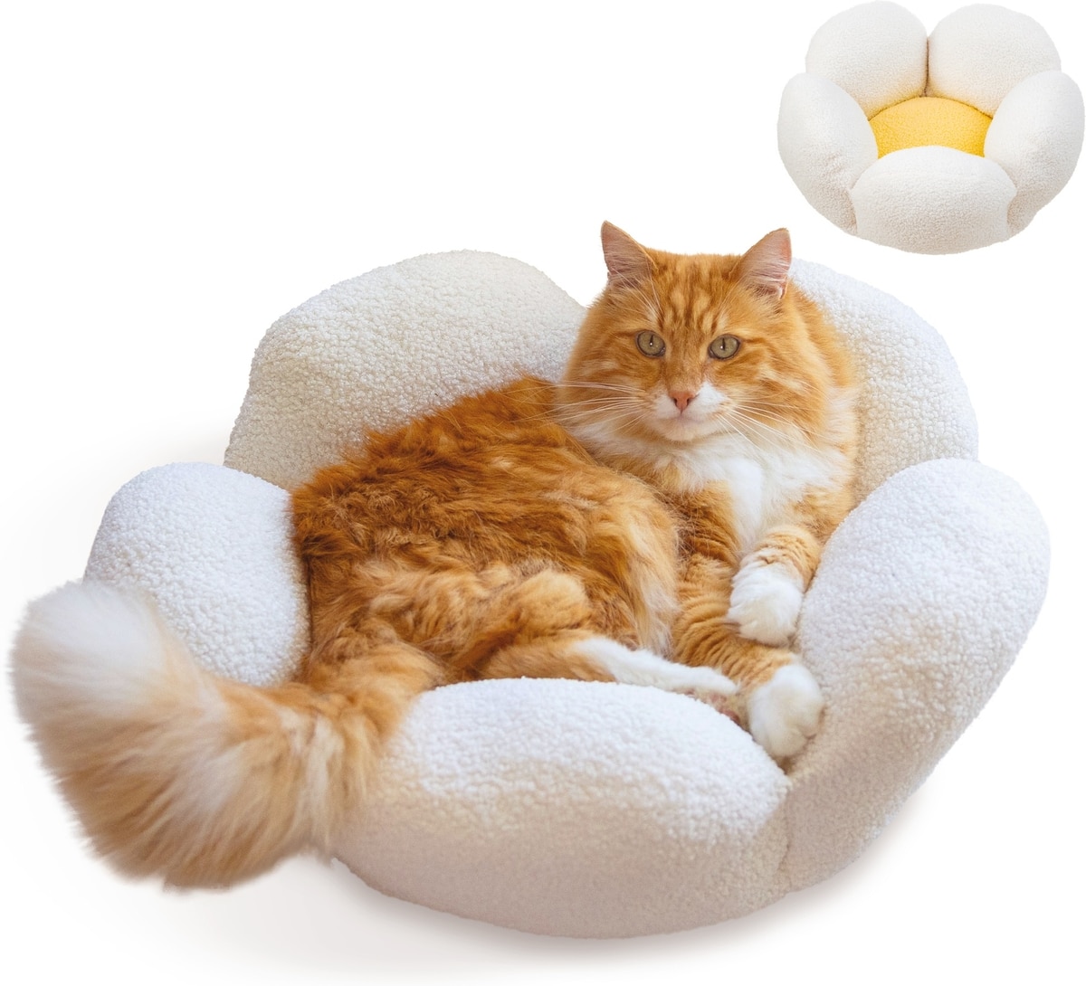 Flower-shaped boucle plush cat bed in cream
