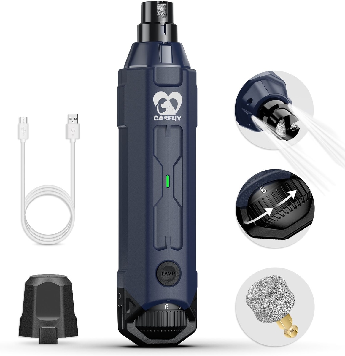 Casfuy upgraded quiet 6-speed electric dog and cat nail grinder with 2 LED lights